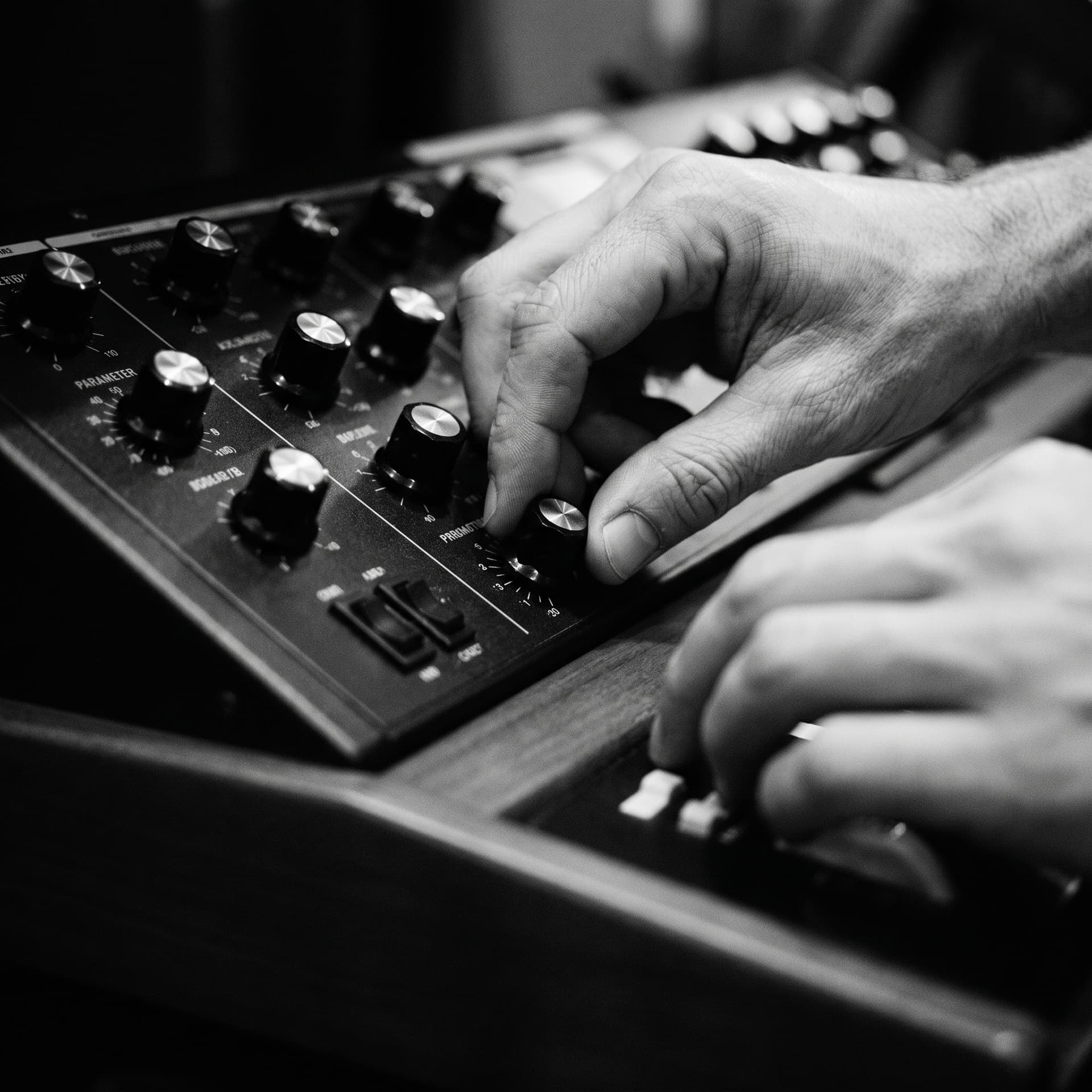 Analog synthesizer keyboard photographed in raking monochrome light