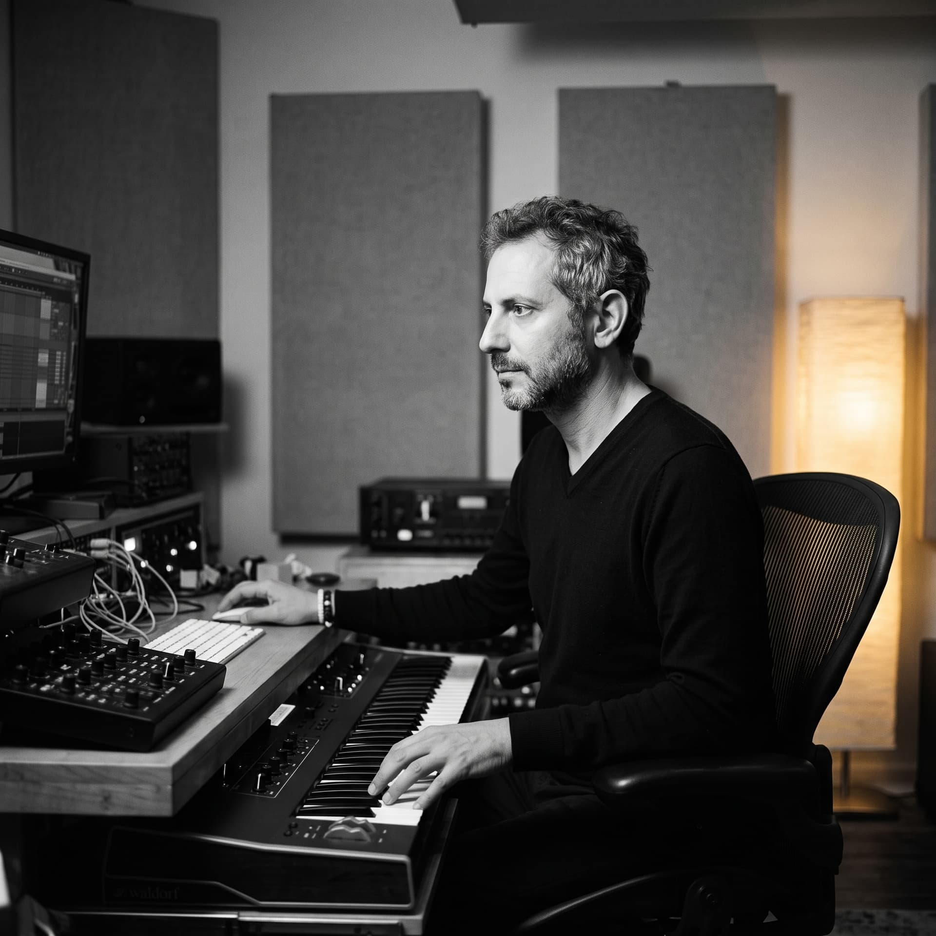 Lit Factory NYC recording studio control room in Greenpoint, Brooklyn, monochrome