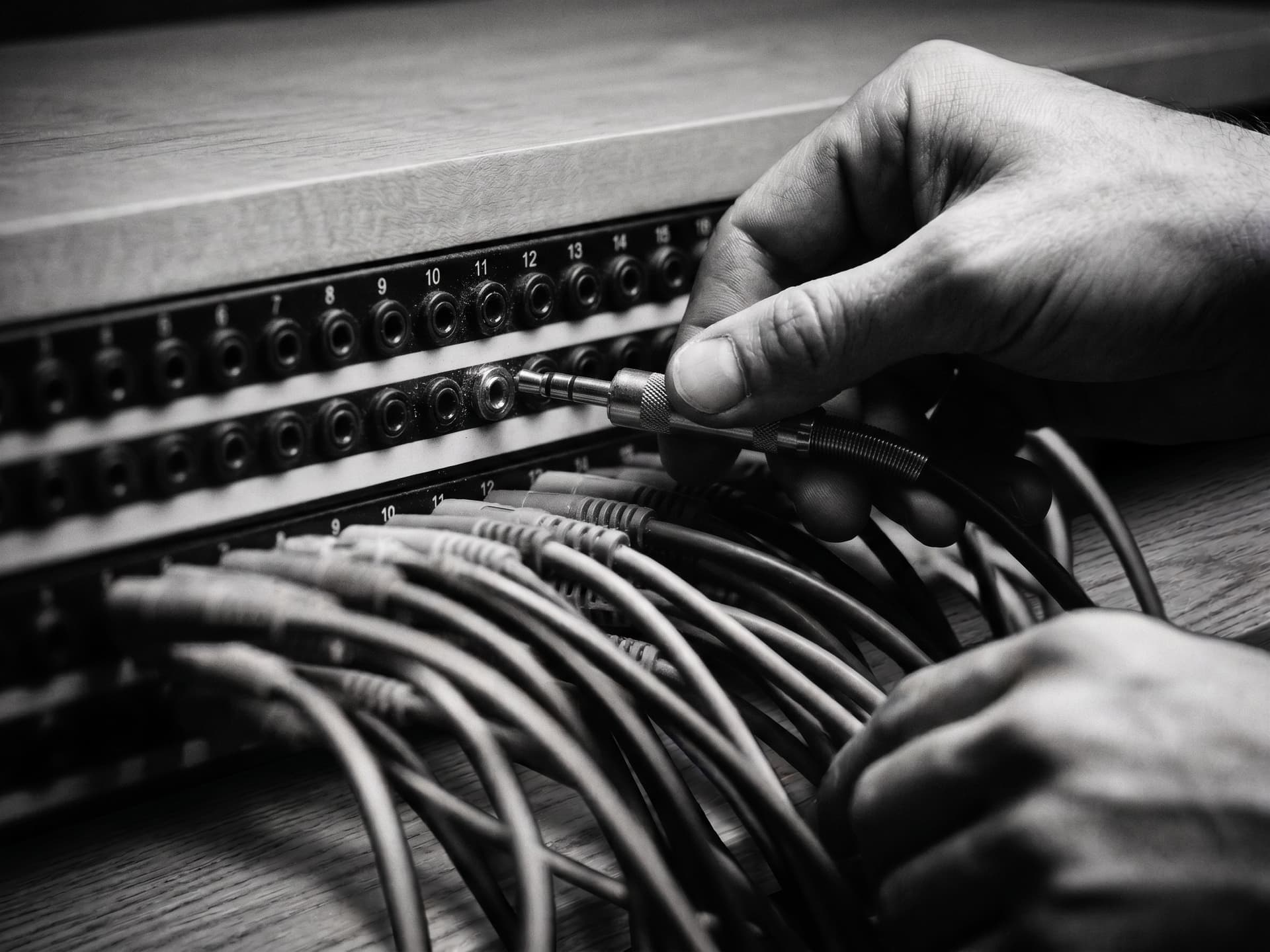 Close detail of a patchbay and outboard connections in the rack